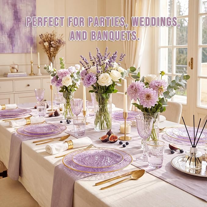 Rubtlamp 60Pcs Clear Purple Gold Plastic Plates, Hammered Plastic Plates - Image 5