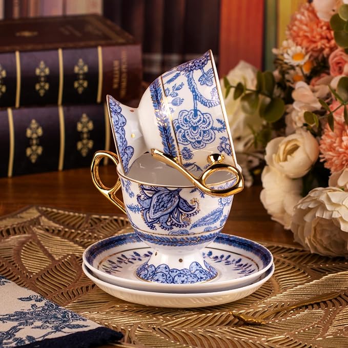KAMMAK Tea Cups and Saucers Set of 2, Fine Bone China Coffee Cups, 572N | - Image 6