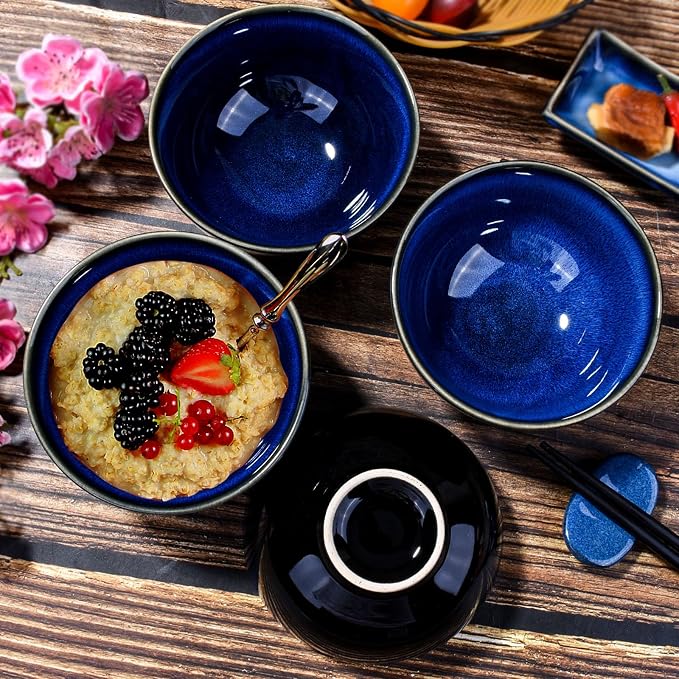 Ceramic Rice Bowl Set of 4, Streaky Blue Reactive Kiln Glaze Porcelain Sauce - Image 3