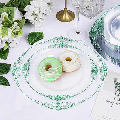 Hioasis 175pcs Clear and Green Plates - Green Party Plates for 25 Guest, Include 50 Heavy-duty Plates(20% Thicker Than Standard), 25 Pre Rolled Gold Plastic Silverware Set, 25 Cups for St. Patrick's D