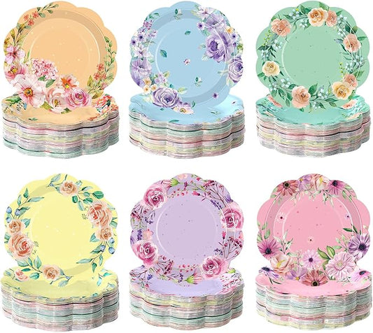 60 Pcs Floral Party Plates Floral Disposable Paper Plates, 7 Inch Elegant Vintage Garden Dinner Dish for Tea Party, Bridal Shower, Baby Shower, Birthday Supplies