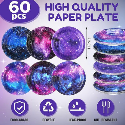 60 Pcs 7 Inch Space Galaxy Paper Plates Outer Space Theme Birthday Party Supplies Starry Night Solar System Planet Party Decorations for Girls Boys Birthday Baby Shower