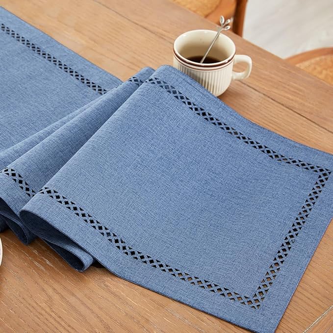 Rustic Burlap Table Runner, Machine Washable, Thick Textured Lattice Cutwork by Aoztio