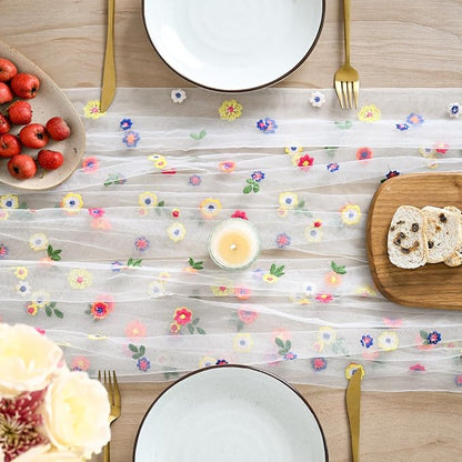 Artoid Mode 3PCS Embroidery Daisy Gauze Table Runner 120 Inch 10FT | Seasonal - Image 2