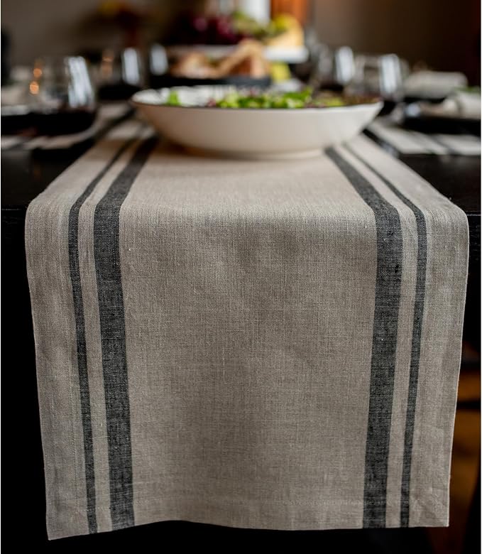 Solino Home 100% Pure Linen Table Runner, 14 x 144 in, French Stripe | Table by SolinoHome