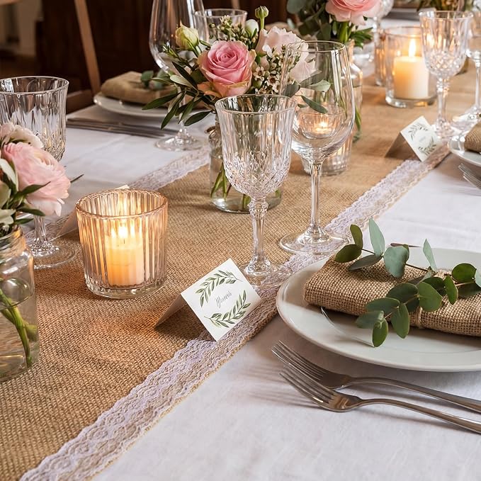 Tatuo 12 Pcs Lace Burlap Table Runner 12'' x 72'' Rustic Jute Hessian Farmhouse - Image 4