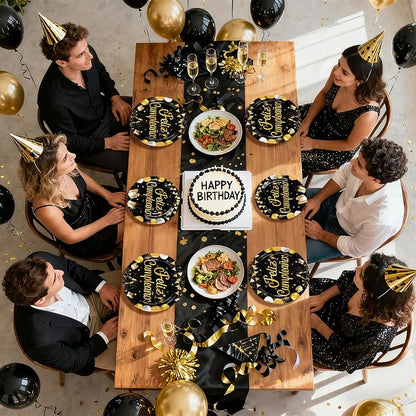 96 Pcs Feliz Cumpleaños Black and Gold Decorations, Serves 24 | Feliz - Image 8