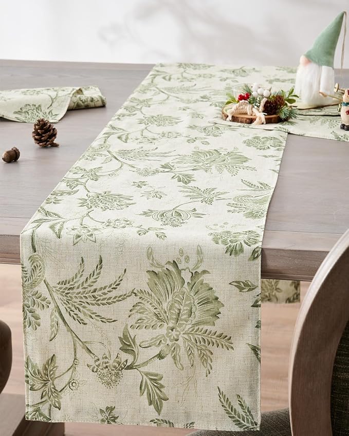 jinchan Sage Green Floral Linen Table Runner 13 x 72 Inch Farmhouse | Relaxed - Image 2