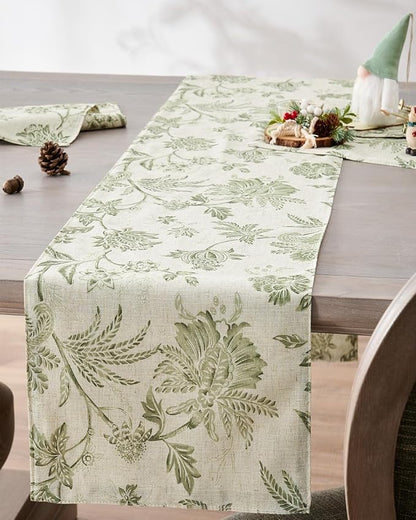 jinchan Sage Green Floral Linen Table Runner 13 x 72 Inch Farmhouse | Relaxed - Image 2