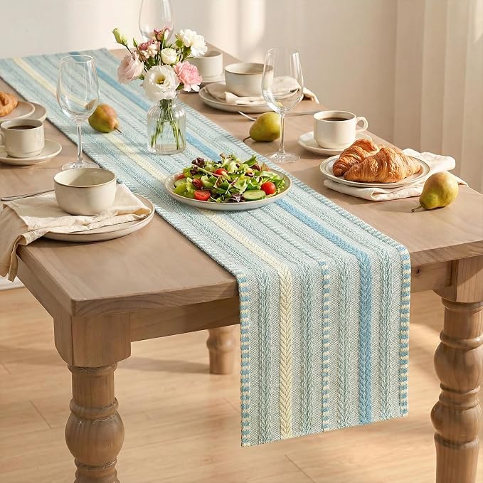 Artoid Mode Sky Blue Farmhouse Stripe Braided Table Runner 12x72 Inch | Holiday - Image 8