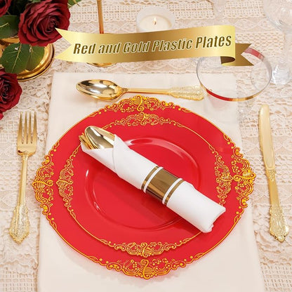 Nervure 100Pcs 10.25'' Red Plastic Plates, Heavy Duty Disposable Plates - Image 3