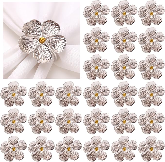 Flower Silver Napkin Rings Set of 50, Shiny Floral Napkin Ring Metal Holder | by MagicRealForBetterLife