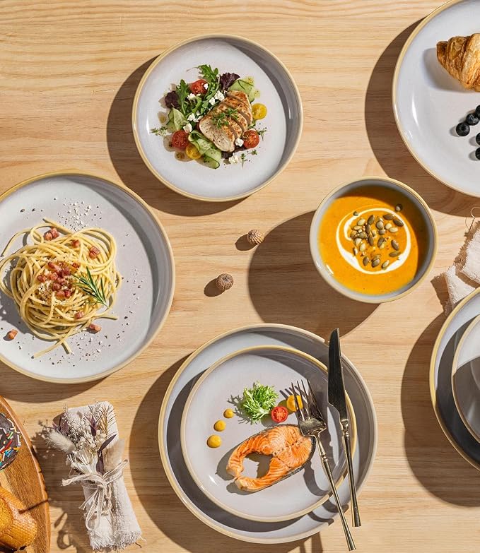 Ceramic Dinnerware Set for 4, 12-Piece Plates and Bowls Set | Lightweight - Image 4