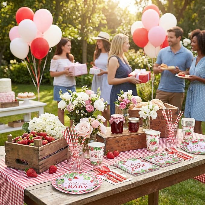 450 Pcs Strawberry Baby Shower Tableware Set Decoration, Serves 50 | A Berry - Image 4