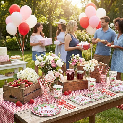 450 Pcs Strawberry Baby Shower Tableware Set Decoration, Serves 50 | A Berry - Image 4