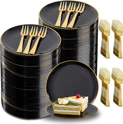 Festiva 400Pcs Black Gold Dessert Plates 6.3" with Forks 5"- 200PCS Small Disposable Dessert/Cake/Appetizer Plates and 200PCS Forks - Serve 200 Guests for Birthday Party& Wedding