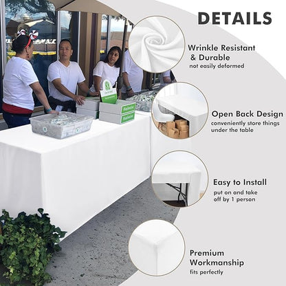 Nasitos 4 Pack White Fitted Table Covers for 4 Foot Rectangular Tables-Open Back Tableclothes Washable and Wrinkle Resistant Table Cloth for Parties, Wedding, Jewelry Shows, Craft Fair, Trade Show