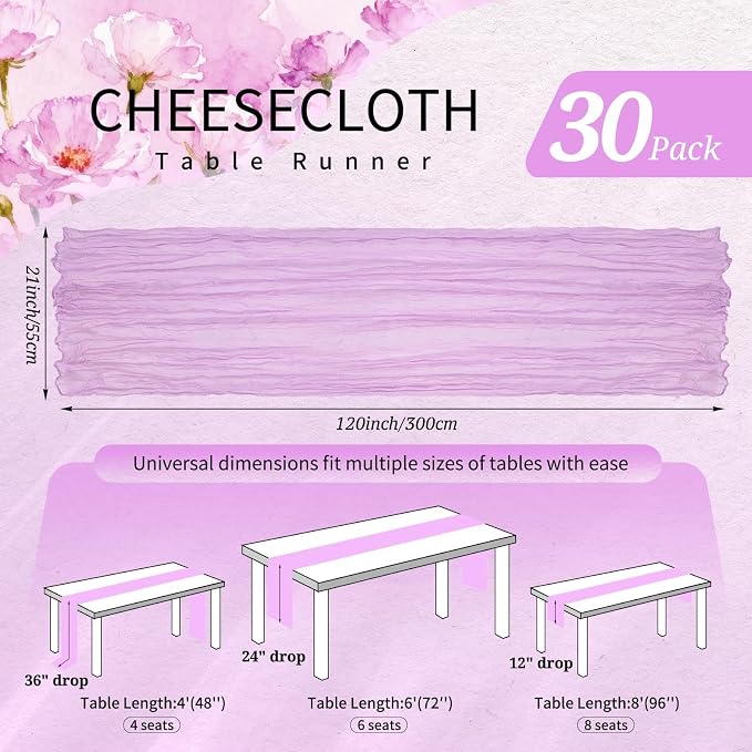 30 Pack Cheesecloth Table Runner 10FT Lilac Purple Table Runner Lavender Boho - Image 2