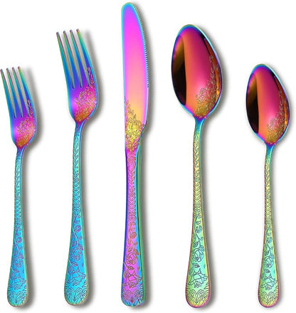 Runfly Modern Carved Floral Rainbow Stainless Steel 20-Piece Flatware Set | by Runfly