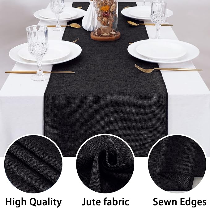Black Burlap Table Runners 2 Packs 12x84 Inch Rustic Boho Table Runner | - Image 3