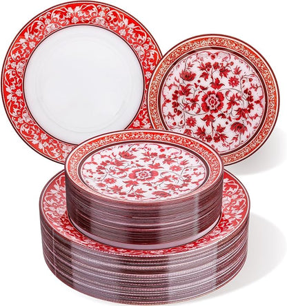 Red Plastic Plates, Fancy Disposable Pates, 10.25" dinner & 7.5" dessert plates by Hioasis