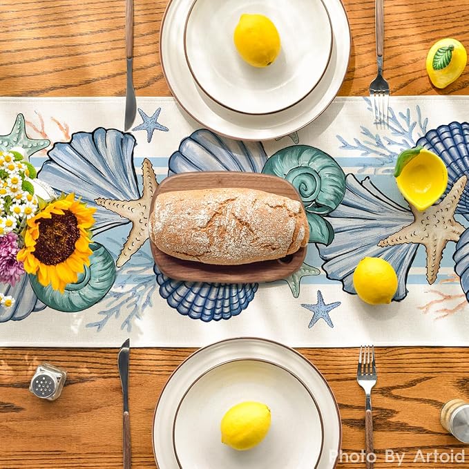 Artoid Mode Sea Shell Starfish Summer Table Runner, Spring Ocean Kitchen Dining - Image 3