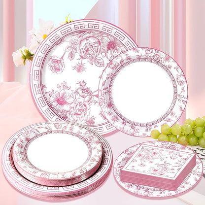 60Pcs Pink Floral Paper Plates and Napkins Party Supply, Serves 20 | Disposable - Image 4