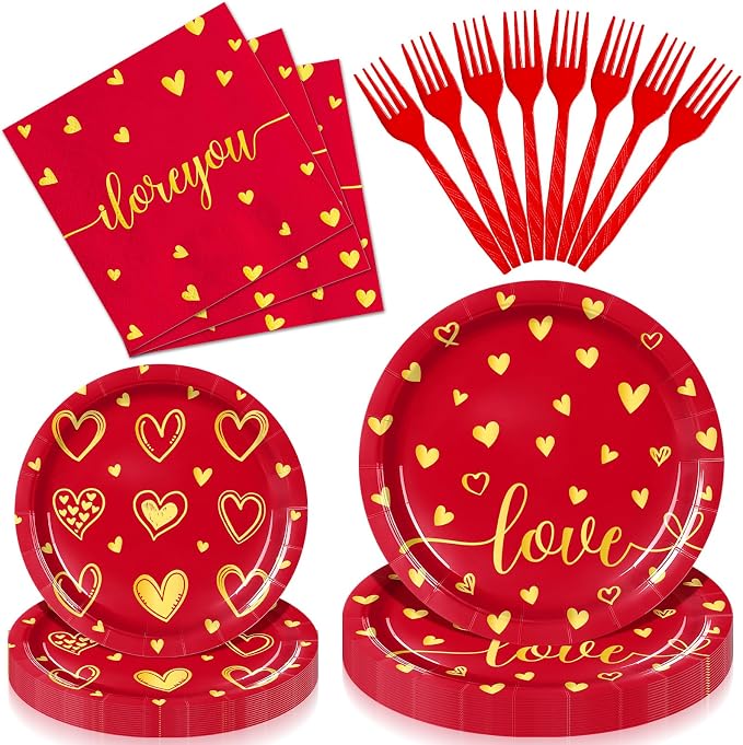 96 Pieces Valentine’s Day Love Tableware Set – Red and Gold Heart Disposable by GistomeHome