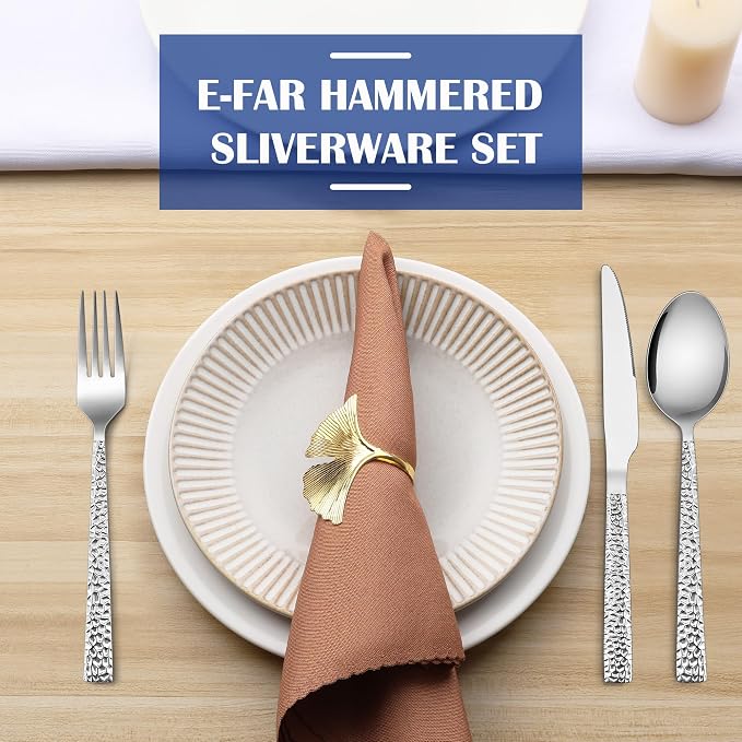 E-far 12-Piece Hammered Silverware Set, Stainless Steel Flatware Set - Image 7