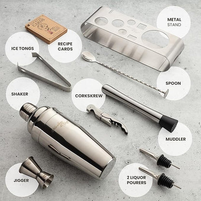 Mixology & Craft Cocktail Shaker Set with Stainless Steel Stand - 9-Piece Bartender Kit with Recipe Cards - Cocktail Mixer & Barware Tool Set
