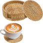 4pcs Natural Handmade Rattan Coasters with Holder - Wicker Drink Coasters Set for Protecting Table, Housewarming Gifts Boho Fall Home Decor