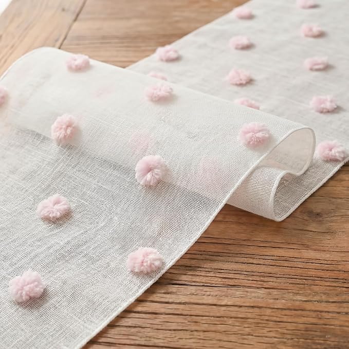 Artoid Mode Pink Pom Pom Tulle Table Runner, Seasonal Washable Kitchen Dining - Image 6