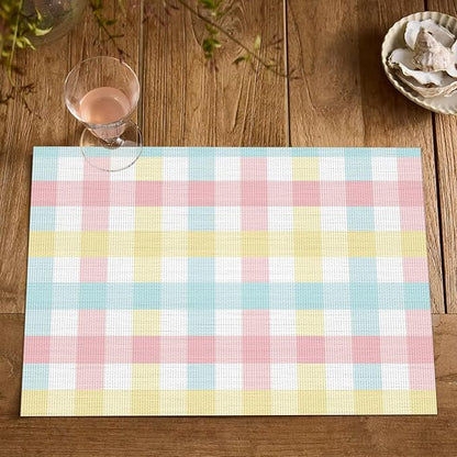 Artoid Mode Buffalo Plaid Vinyl Placemats Set of 4, 12x18 Inch Washable Non-Slip Heat Resistant Plastic Place Mats for Party Dining Table, Pink/Blue