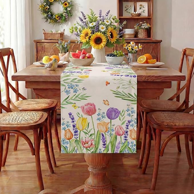 Spring Floral Table Runner Decorations, Tulip and Lavender Farmhouse Table Scarf - Image 7