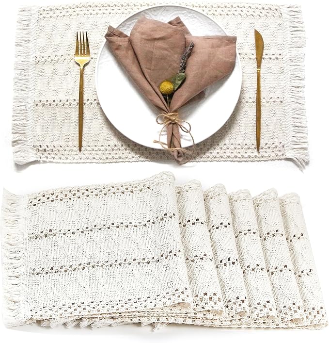 Beige Boho Placemats Set of 6 Table Mats Farmhouse Home Dining Decor | 12x20" by FEXIA