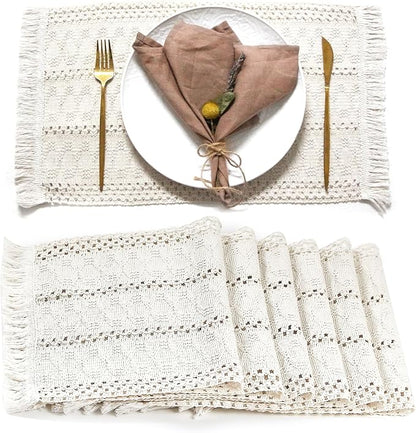 Beige Boho Placemats Set of 6 Table Mats Farmhouse Home Dining Decor | 12x20" by FEXIA
