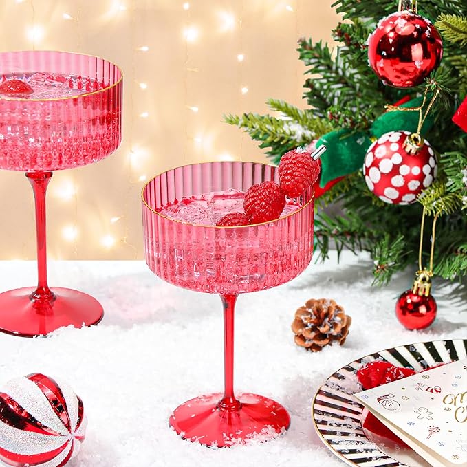 24 PCS Plastic Ribbed Martini Glasses 10 oz Detachable Gold Rim Red Ribbed Coupe Glasses Vintage Christmas Martini Cocktail Glass for Bar,Margarita,Gin,Tequila, Desserts and Snacks