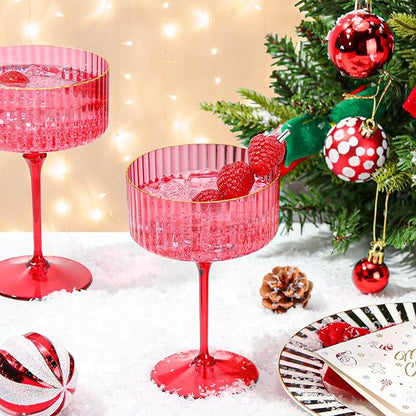 24 PCS Plastic Ribbed Martini Glasses 10 oz Detachable Gold Rim Red Ribbed Coupe Glasses Vintage Christmas Martini Cocktail Glass for Bar,Margarita,Gin,Tequila, Desserts and Snacks