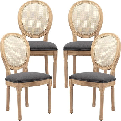 Vintage French Rattan Dining Chairs Set of 4, Solid Wood Frame with Round Rattan Back and Linen Upholstered Seat, Farmhouse Accent Sillas de Comedor Side Chairs for Dining Room & Kitchen, Gray