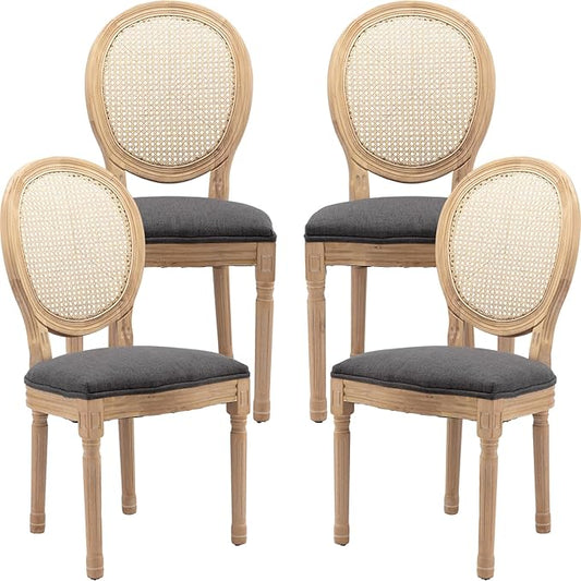 Vintage French Rattan Dining Chairs Set of 4, Solid Wood Frame with Round Rattan Back and Linen Upholstered Seat, Farmhouse Accent Sillas de Comedor Side Chairs for Dining Room & Kitchen, Gray