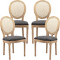 Vintage French Rattan Dining Chairs Set of 4, Solid Wood Frame with Round Rattan Back and Linen Upholstered Seat, Farmhouse Accent Sillas de Comedor Side Chairs for Dining Room & Kitchen, Gray