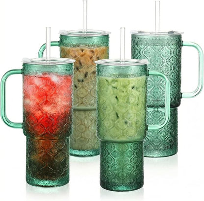 20 oz Green Glass Tumbler with Lid and Straw, Glass Iced Coffee Cups, by Unknown