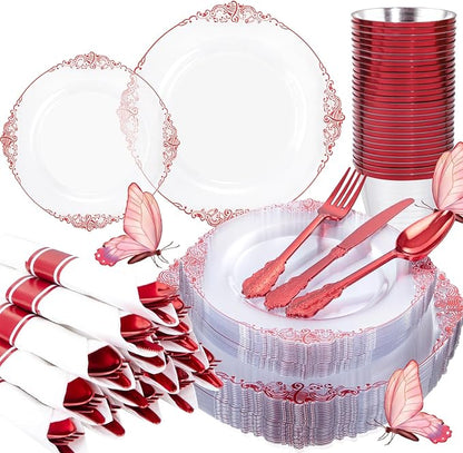 Hioasis 175pcs Clear and Red Plates - Red Party Plates for 25 Guest, Include 50 Heavy-duty Plates(20% Thicker Than Standard), 25 Pre Rolled Gold Plastic Silverware Set, 25 Cups