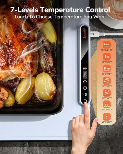 Electric Warming Mat for Food, Roll-Up Silicone Heating Pad with 7 Adjustable Tempmaster Levels, Foldable Warming Tray for Countertop,Buffet Party, Kitchen & Home, Child Lock, Light Blue