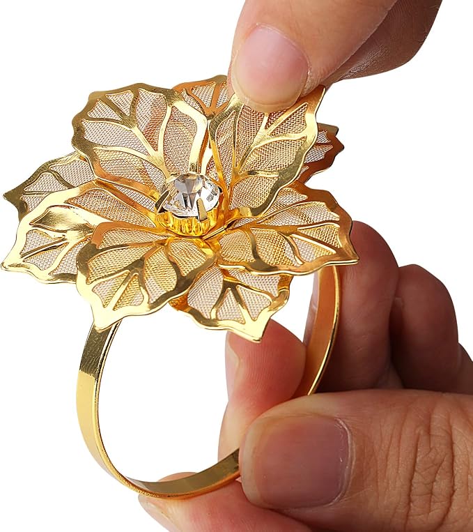 KPOSIYA Set of 20 Napkin Rings, Metal Gold Hollow Out Flower Napkin Ring Holder - Image 7