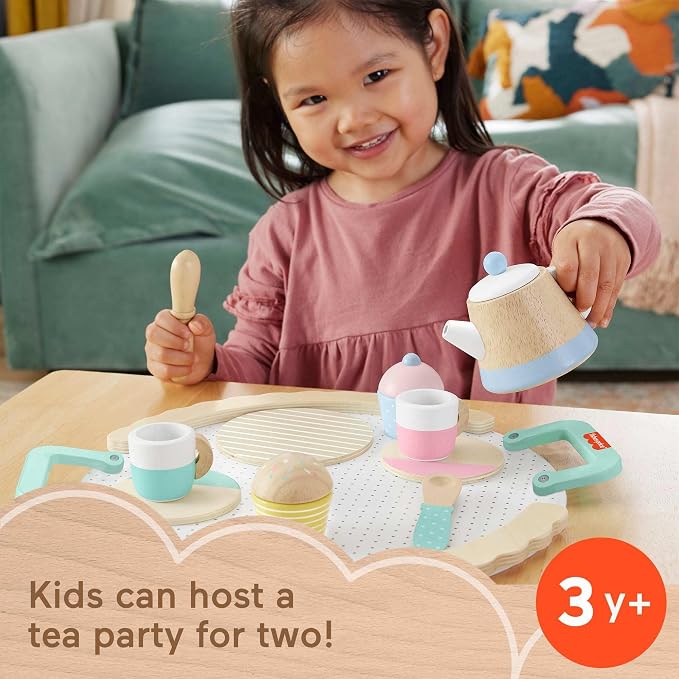 Fisher-Price Wood Pretend Play Toy Tea Set, 12-Piece Wooden Playset - Image 2