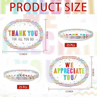 50Pcs Thank You Oval Paper Plates 10" x 12" Large We Appreciate You Paper Platters Teacher Appreciate Dessert Plates for Valentine’s Day Volunteer Employee Teacher Doctor Appreciation Party Decor