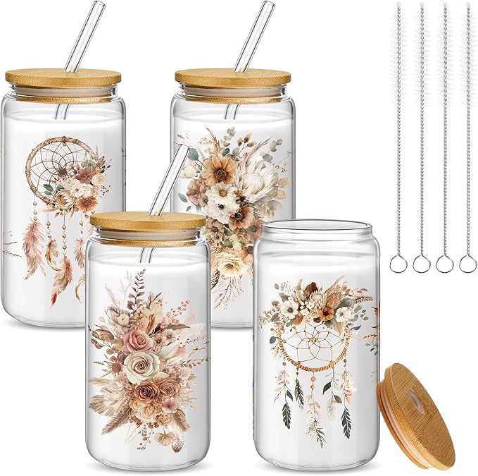 Mumufy 4 Pack Wildflower Glass Cups Gift Aesthetic Cute Glass Cup Tumbler by Mumufy