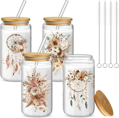 Mumufy 4 Pack Wildflower Glass Cups Gift Aesthetic Cute Glass Cup Tumbler by Mumufy