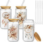Mumufy 4 Pack Wildflower Glass Cups Gift Aesthetic Cute Glass Cup Tumbler by Mumufy
